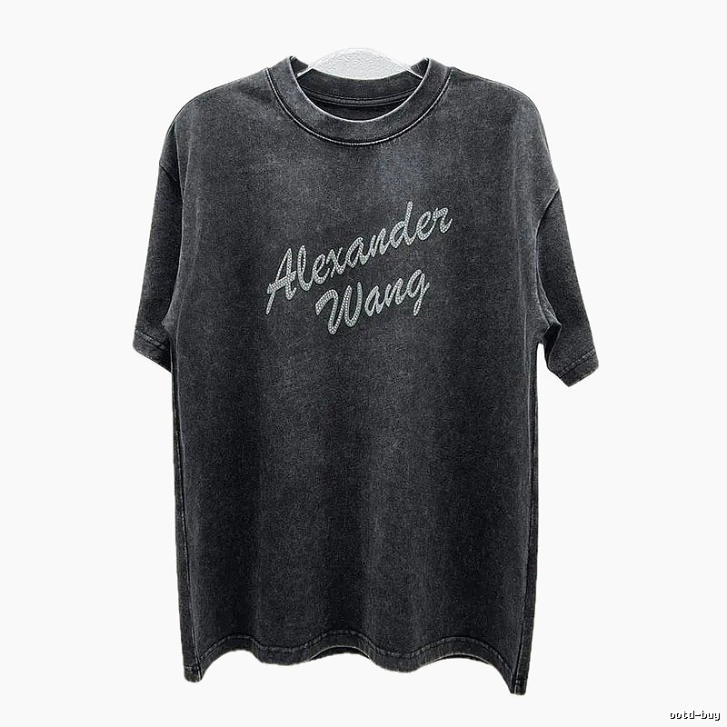 Alexander Wang Distressed Charcoal Gray Rhinestone-embellished Short Sleeve T-Shirt