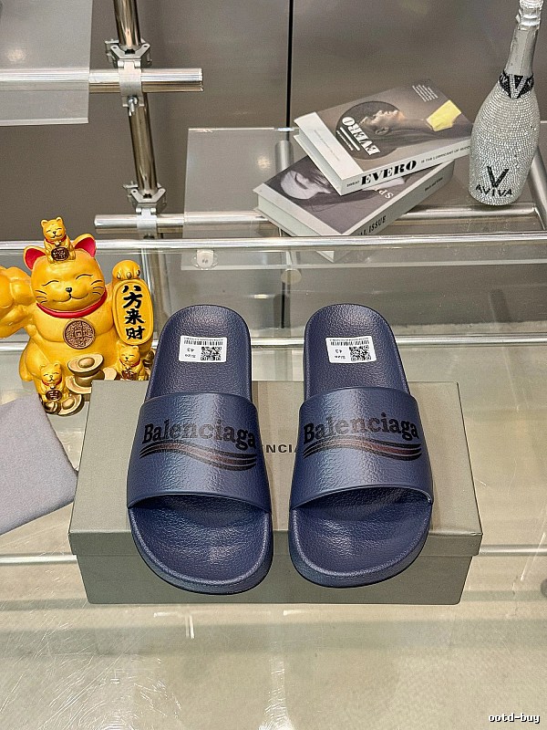 Balenciaga Letter Print Casual Style Navy Blue Slides