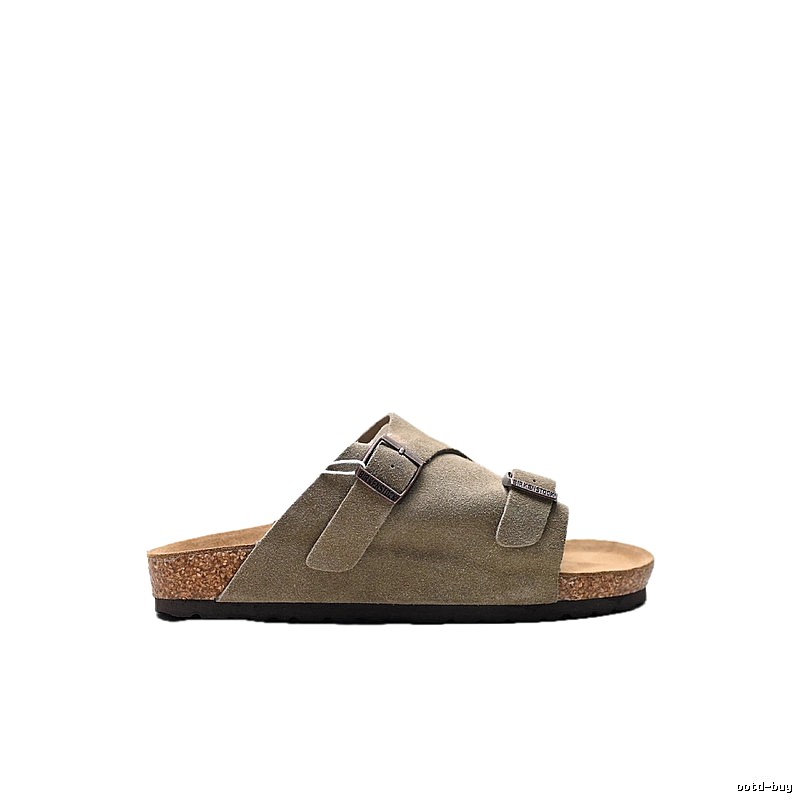 Birkenstock Vintage-Style Double-Buckle Khaki Cork Slide Sandals