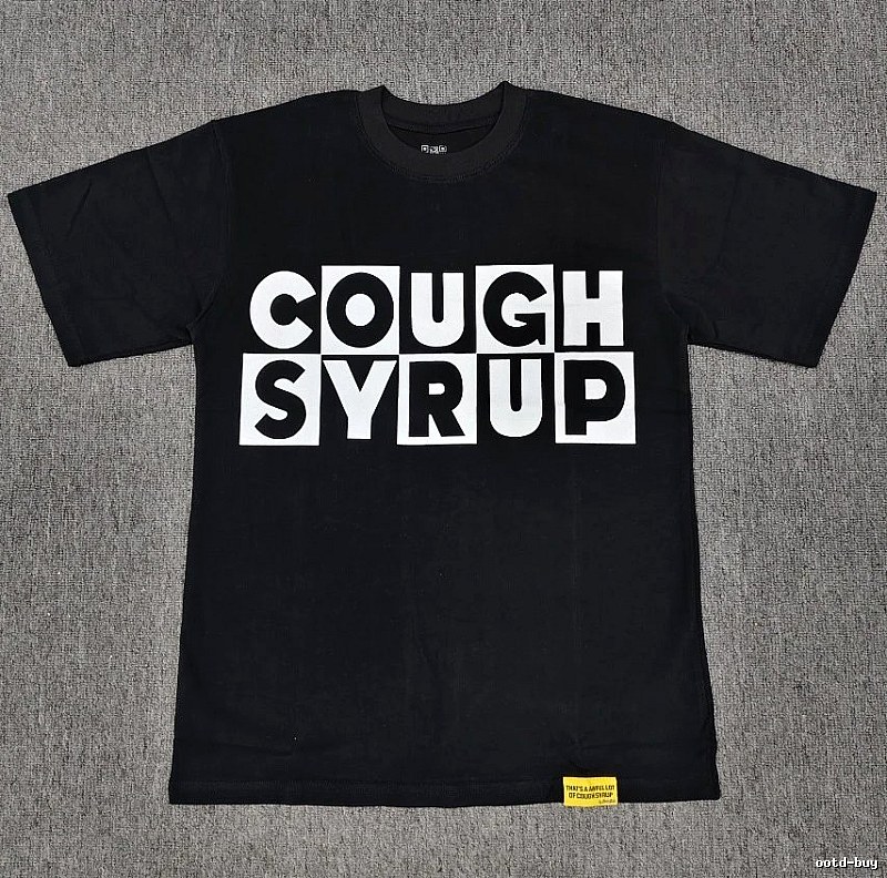 Black street-style short-sleeve T-shirt with COUGH SYRUP print