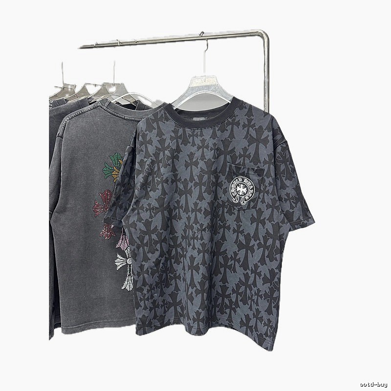 Chrome Hearts All-over Cross Print High Street Style Black and Gray T-Shirt