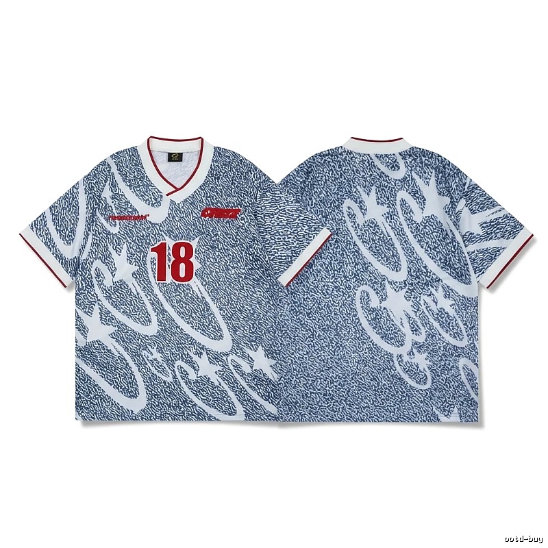 Corteiz-printed retro-style blue and white short-sleeve shirt