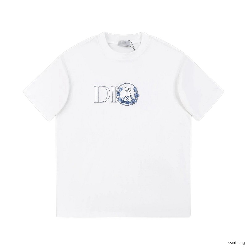 Dior Cat-Embroidered Light Luxury Style White Short-sleeve T-shirt