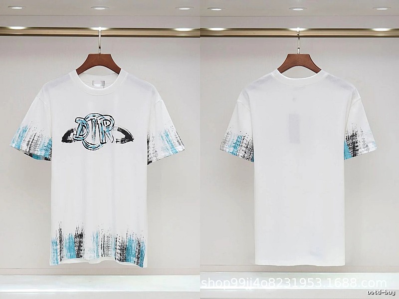 Dior Graffiti Collection Street Style White and Blue Short-sleeve T-shirt