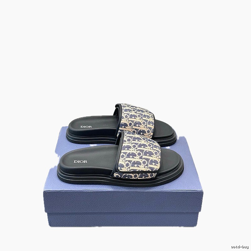Dior Oblique Collection Light Luxury Style Blue-Black Colorblock Slide Sandals