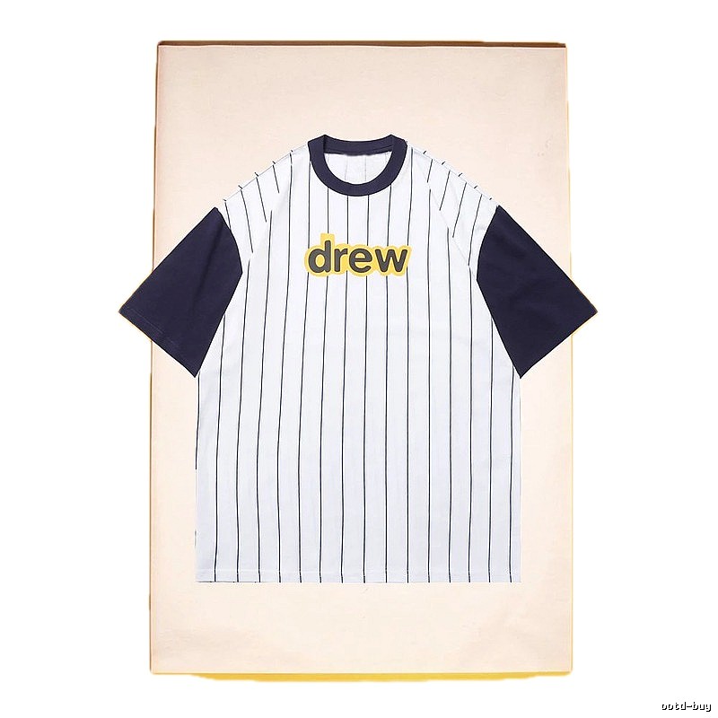 DREW Letter Print Street Style White and Navy Blue Short Sleeve T-Shirt