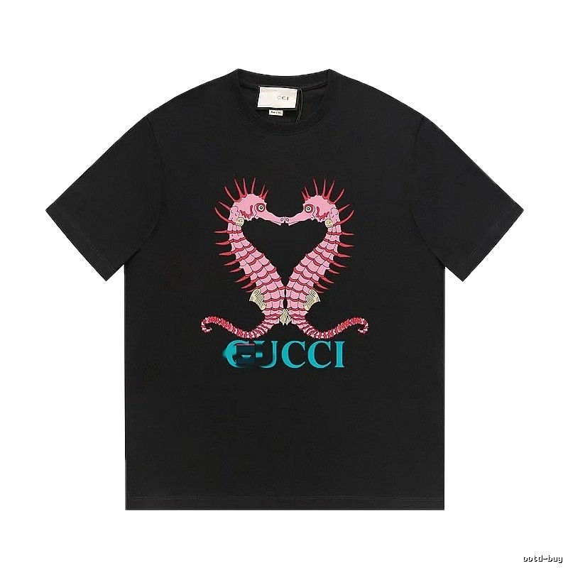 Gucci Double Seahorse Print Trendy Style Black T-Shirt