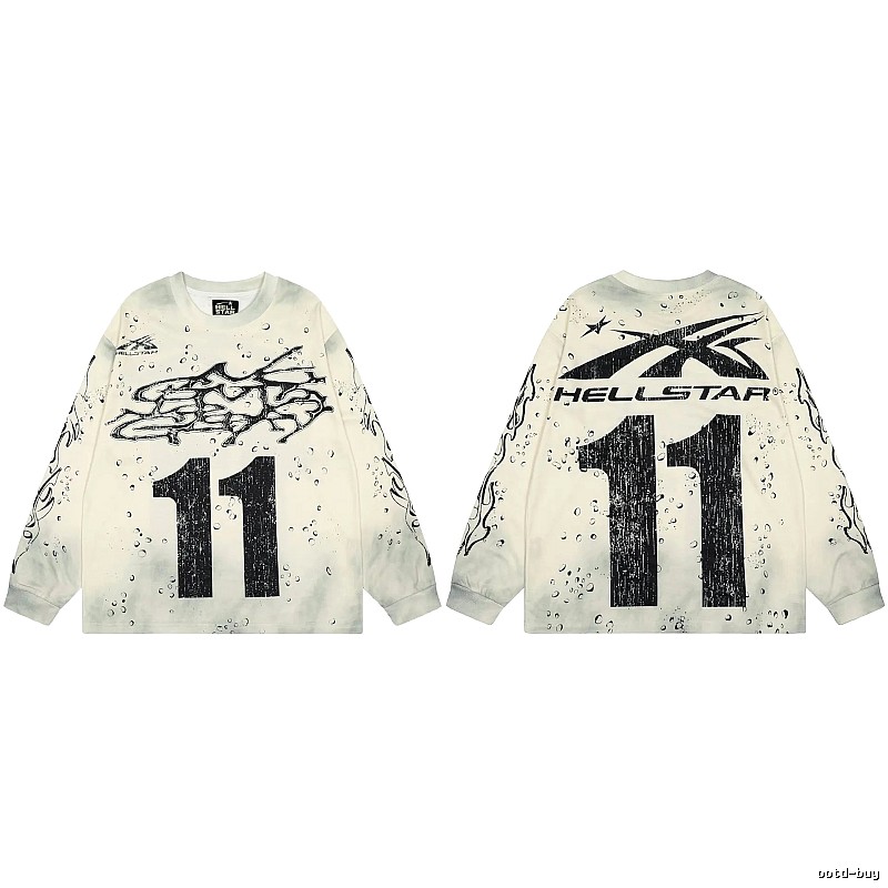 Hellstar No.11 Distressed Street Style Off-white Long Sleeve T-shirt