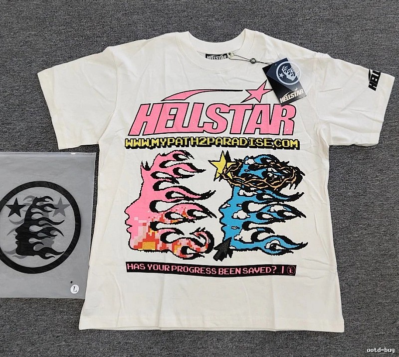 Hellstar Pixel Flame Print Street Style Off-white T-shirt