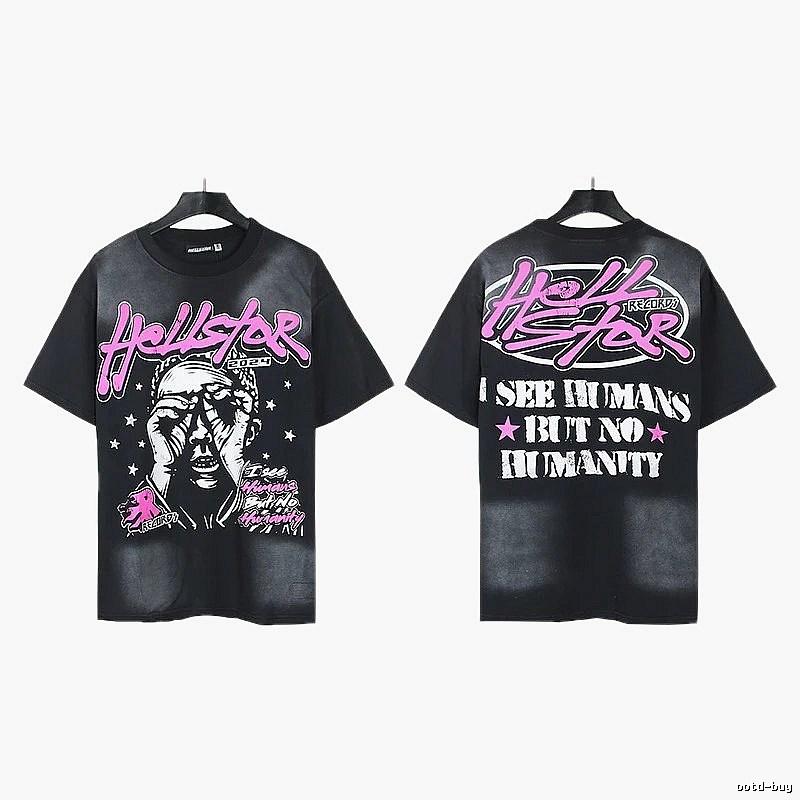 Hellstar Portrait Print Street Style Black and Pink Short-sleeve T-shirt