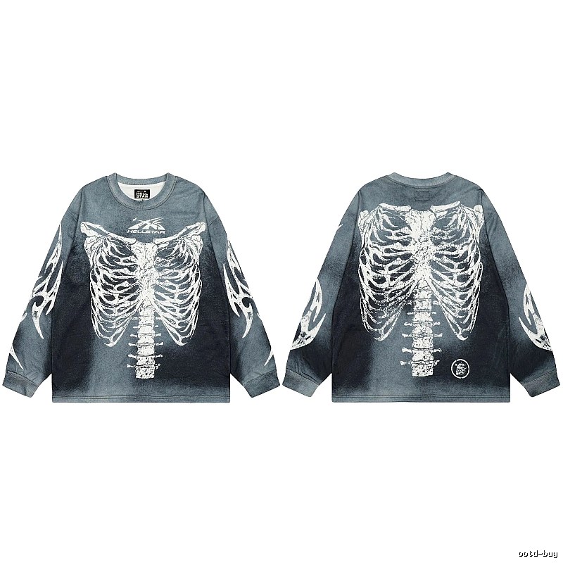 Hellstar Skull Print Street Style Vintage Grey Long Sleeve T-shirt