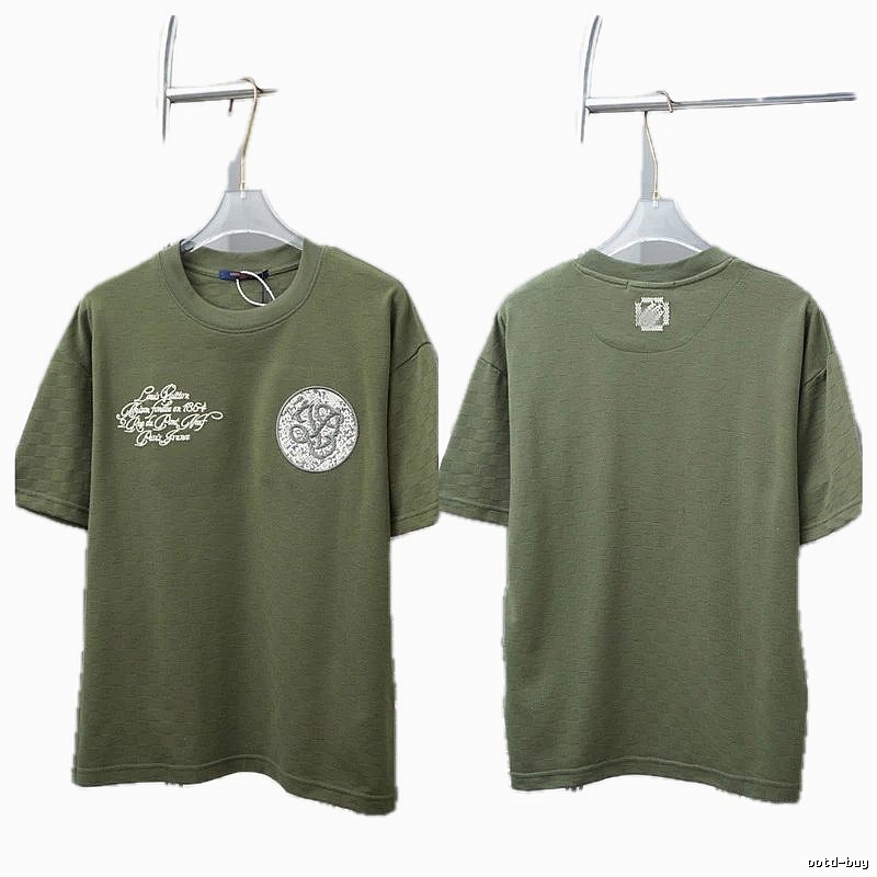 Louis Vuitton Embroidered Badge Casual Style Army Green T-Shirt