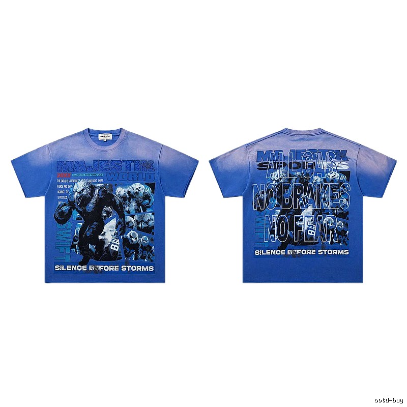 MAJESTIK American Street Style Gradient Blue Printed Short-sleeve T-shirt