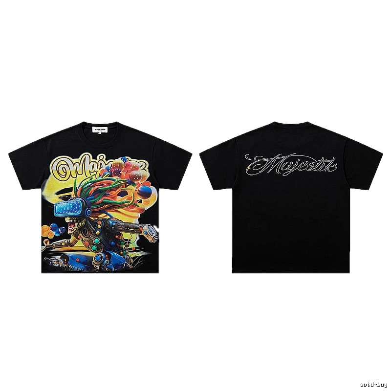 MAJESTIK Cyber Print Street Style Black T-Shirt
