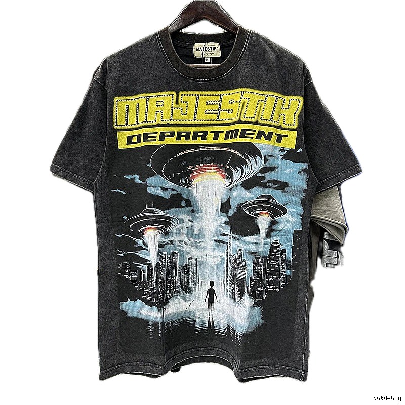 MAJESTIK Flying Saucer Print Vintage Washed Black T-Shirt