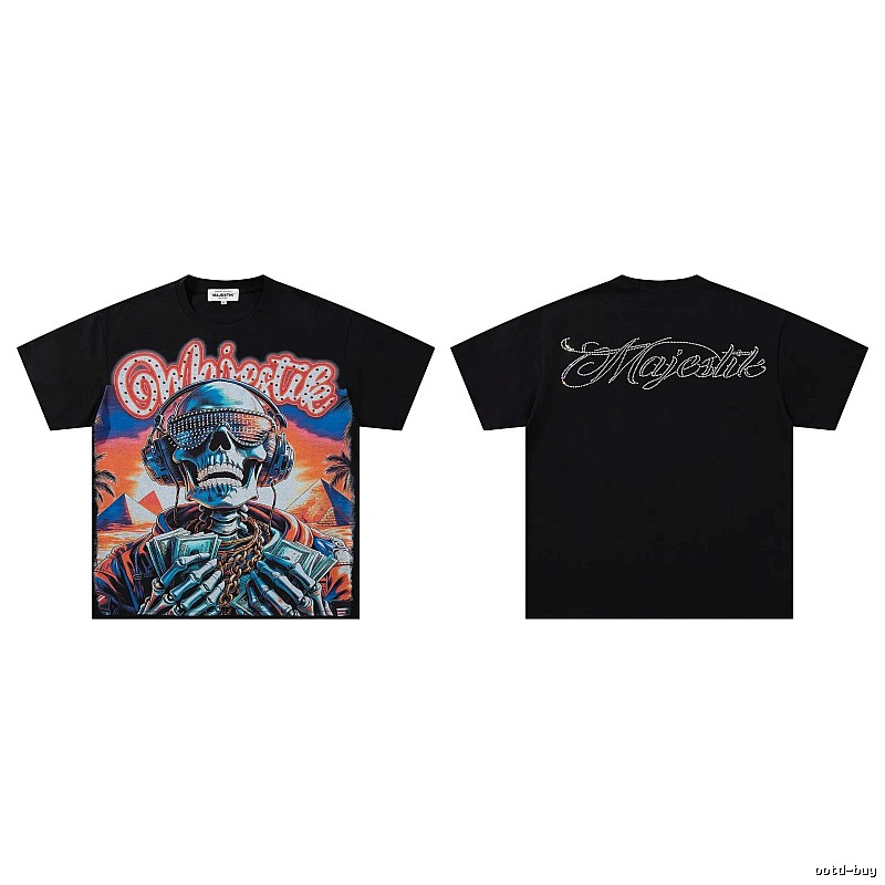 MAJESTIK Skull Print Hip-hop Style Black T-shirt