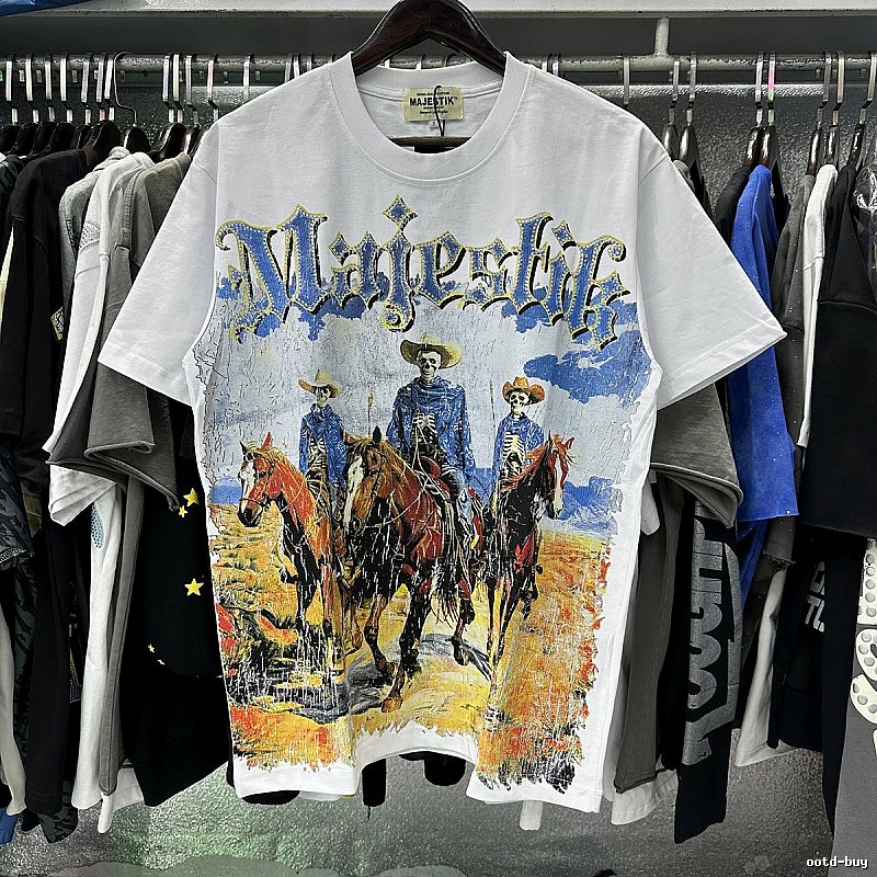 MAJESTIK Western Cowboy Vintage Style White T-Shirt