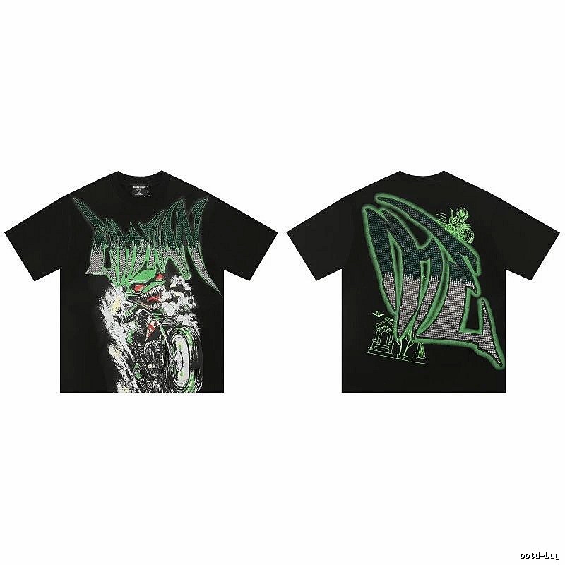 Mixed Emotion Motorcycle Gothic Style Black and Green Short Sleeve T-Shirt