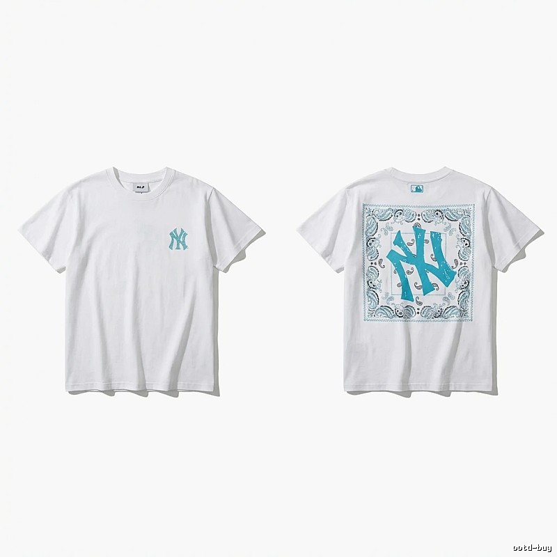 MLB retro-style white T-shirt with cashew flower pattern