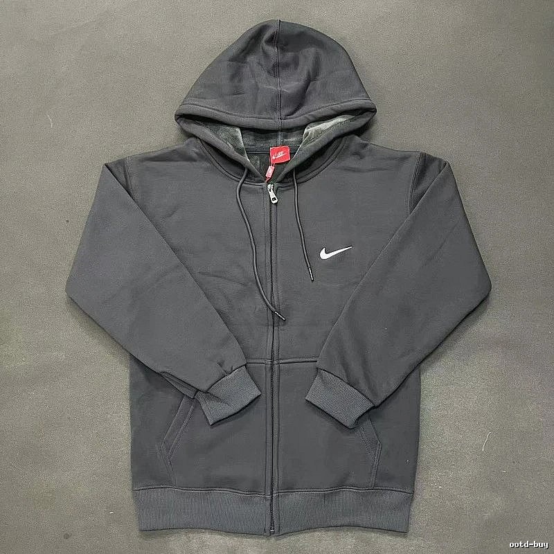 Nike Zip-Front Design Charcoal Black Zip Hoodie Travel Styling Swoosh