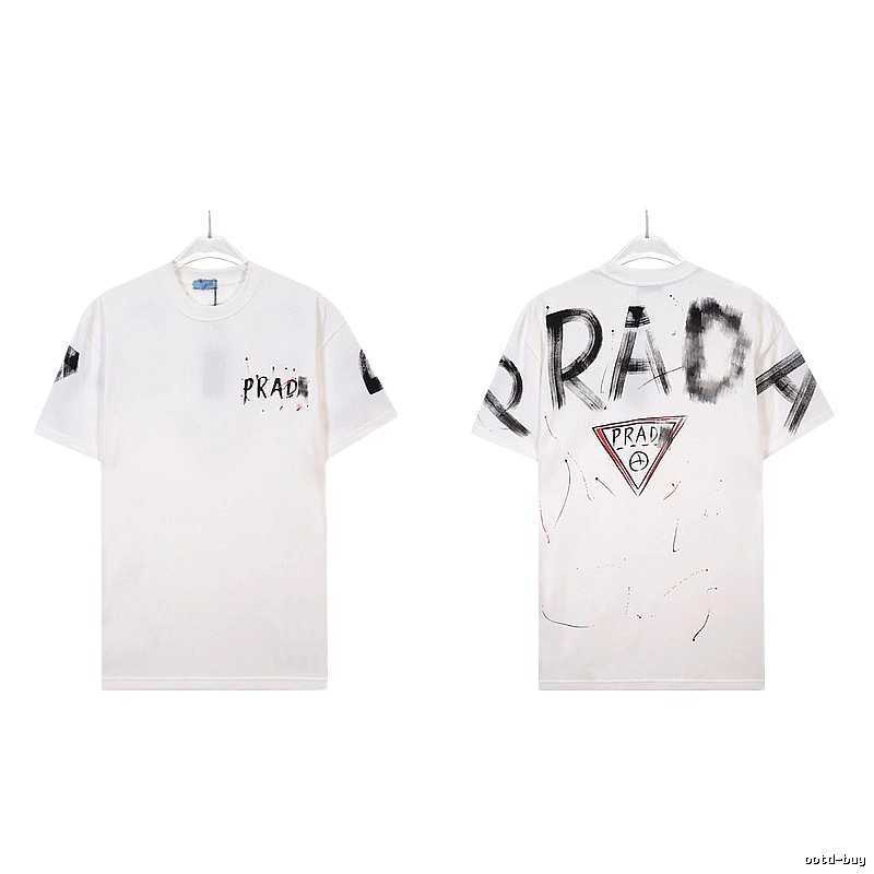 Prada Triangle Logo Graffiti Street Style White Short-sleeve T-shirt