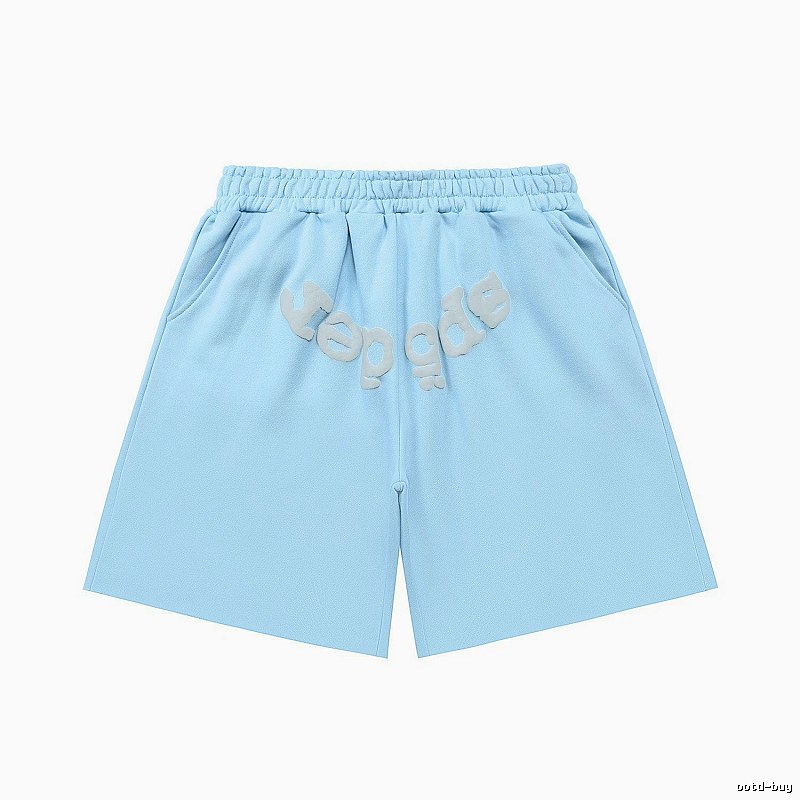 Sp5der letter-style light blue shorts