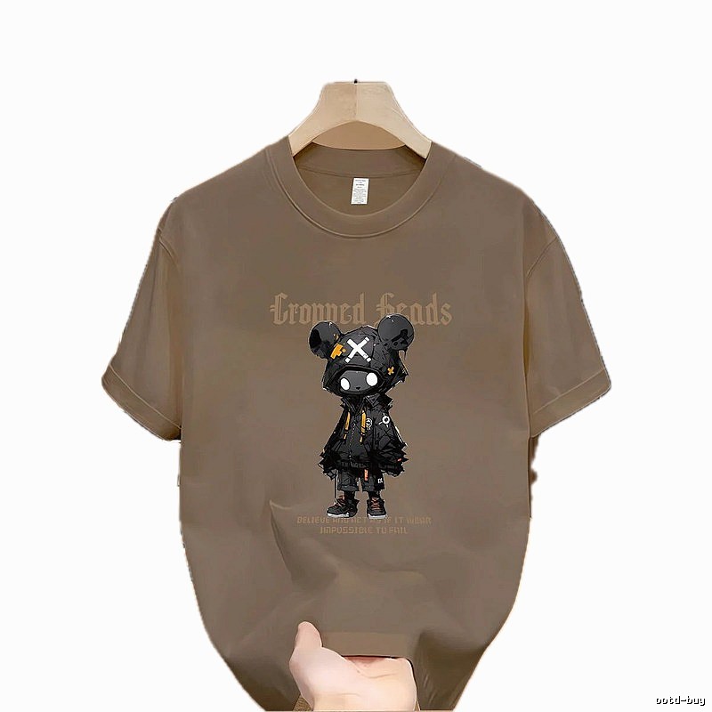 Streetwear Street Style Violent Bear Print Khaki Short-sleeve T-shirt