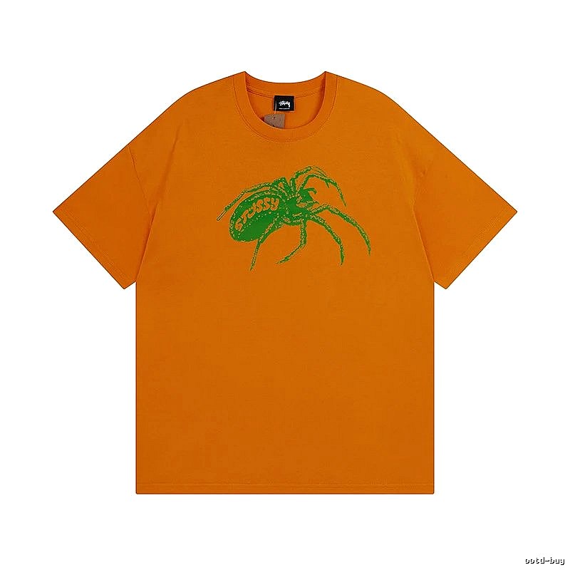 Stussy Orange Spider Graphic T-Shirt Streetwear Look Logo