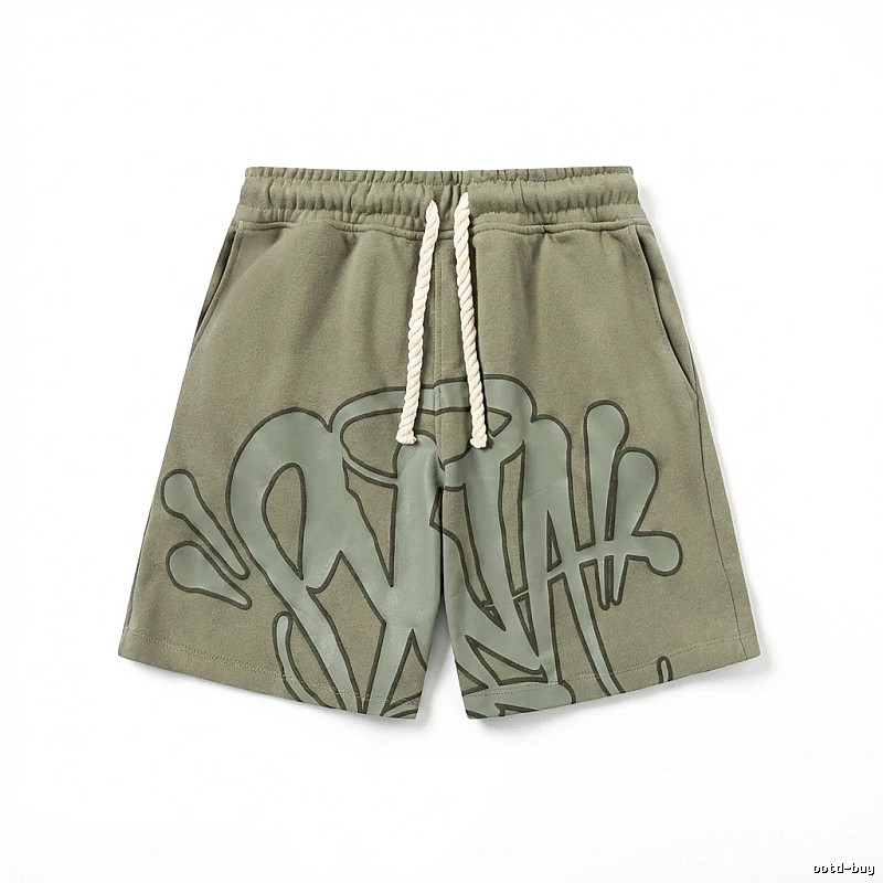 SynaWorld graffiti-style military green shorts