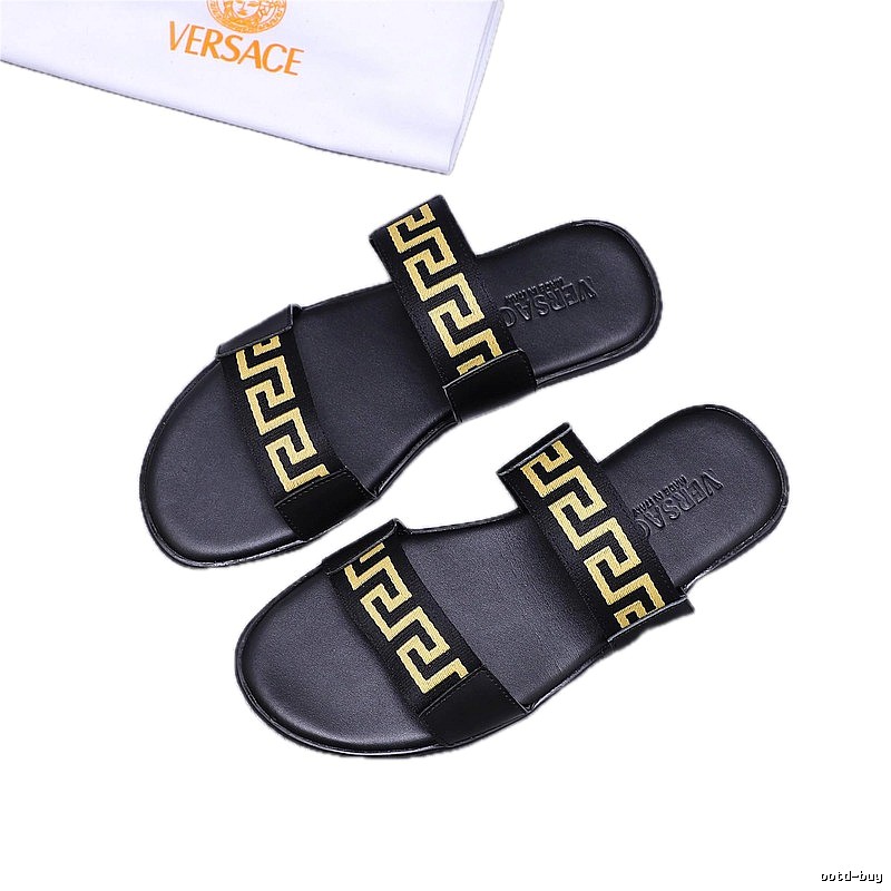 Versace Greek Key Light Luxury Black & Gold Slide Slippers